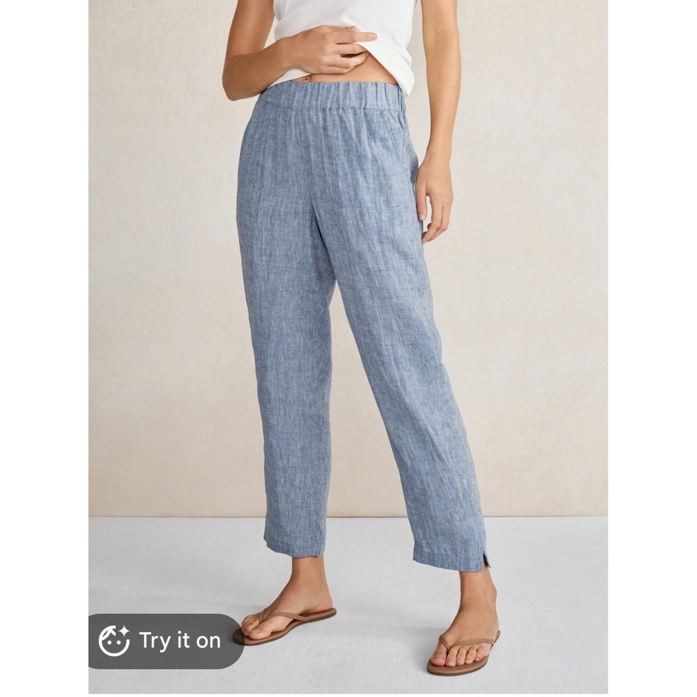 Talbots Nantucket Pull-On Wide Leg Pants Blue Linen Petite LP Ankle